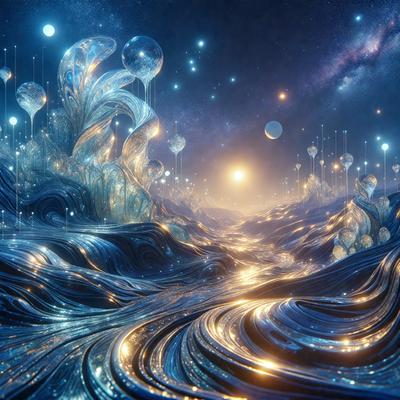 The primary subject of the image is a blue ocean with a sun shining in the distance. The setting is a vast, open space with a starry night sky in the background. The visual style is a combination of digital art and illustration, creating a surreal and dreamy atmosphere. The colors are predominantly blue, with the sun adding a touch of warmth to the scene. The overall mood is serene and peaceful, with the ocean and the sun creating a sense of tranquility.
